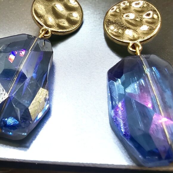 Pierced Earrings Blue Crystal AB Coated Hammered Coin Dangle Gold Tone Jewelry - Picture 4 of 6